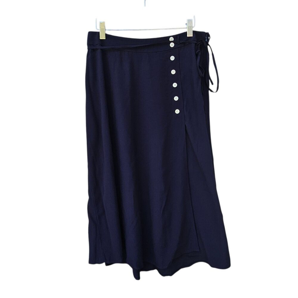 NWT Talbots Navy Blue Faux Midi Wrap Skirt Buttons Nautical Coastal 10 PETITE - Picture 2 of 9